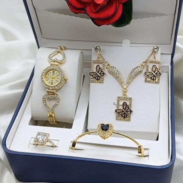 Luxury Jewelry Gift Set With Crystal Watch, Necklace, Earrings, Bracelet, And Ring