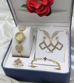 Luxury Jewelry Gift Set With Crystal Watch, Necklace, Earrings, Bracelet, And Ring
