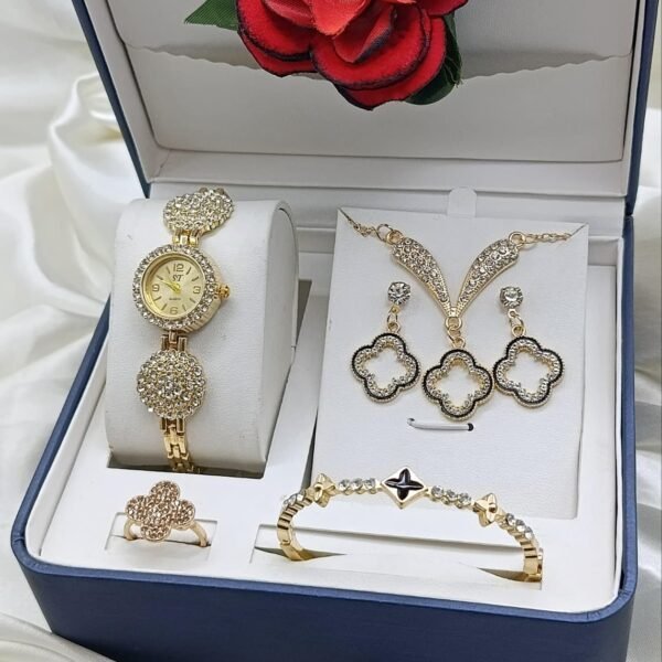 Luxury Jewelry Gift Set With Crystal Watch, Necklace, Earrings, Bracelet, And Ring