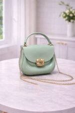 Polished Jelly Saddle Bag With Sculpted Metallic Clasp And Gold Tone Chain