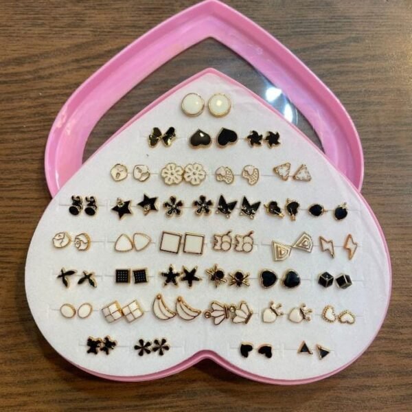 Premium 36 Pair Stud Earring Set In Heart Shaped Box