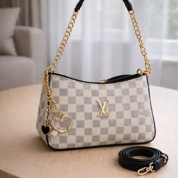 Premium Checkered Shoulder Bag With Gold Link Chain
