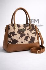 Cow Print Satchel Handbag With Contrast Trim And Dual Carry Straps