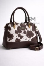 Cow Print Satchel Handbag With Contrast Trim And Dual Carry Straps
