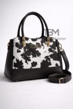 Cow Print Satchel Handbag With Contrast Trim And Dual Carry Straps