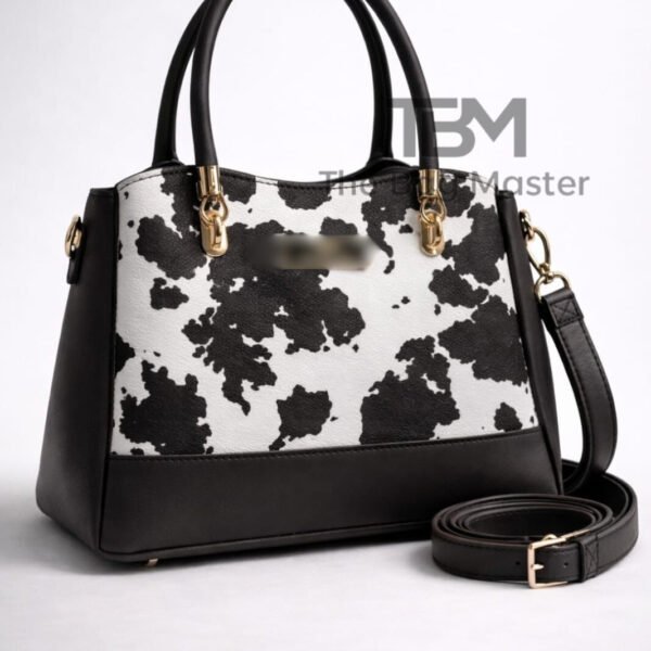 Cow Print Satchel Handbag With Contrast Trim And Dual Carry Straps