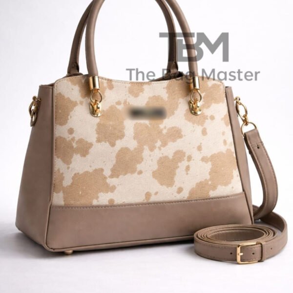 Cow Print Satchel Handbag With Contrast Trim And Dual Carry Straps
