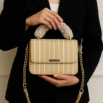 Faux Fur Handle Striped Flap Crossbody Bag