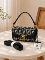 Fendi Inspired Monogram Canvas Flap Bag With Gold G-Buckle