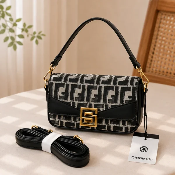 Fendi Inspired Monogram Canvas Flap Bag With Gold G-Buckle