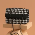 Houndstooth Woven Flap Shoulder Bag With Metallic Chain Strap