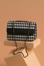 Houndstooth Woven Flap Shoulder Bag With Metallic Chain Strap