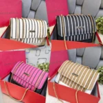 Striped Crossbody Bag With Metallic Chain Strap - Image 6