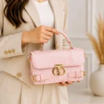 Textured Corduroy Flap Bag With Buckled Straps And Oval Lock