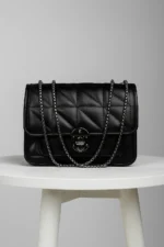 Quilted Flap Crossbody Bag With Circular Push-Lock And Dual Chain Strap