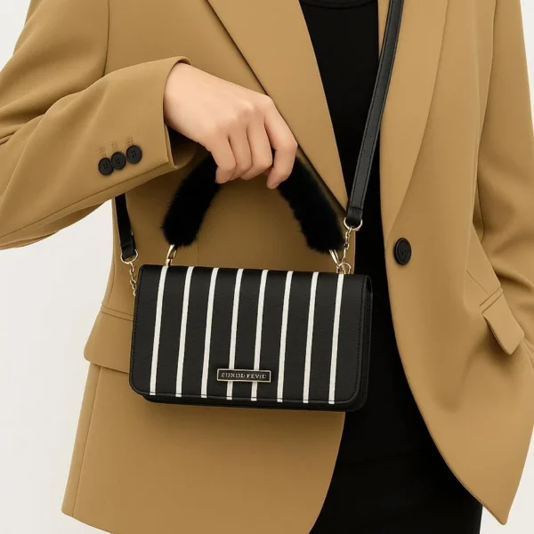 Faux Fur Handle Striped Flap Crossbody Bag