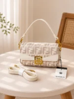Fendi Inspired Monogram Canvas Flap Bag With Gold G-Buckle