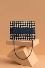 Houndstooth Woven Flap Shoulder Bag With Metallic Chain Strap