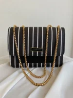 Striped Crossbody Bag With Metallic Chain Strap - Image 3