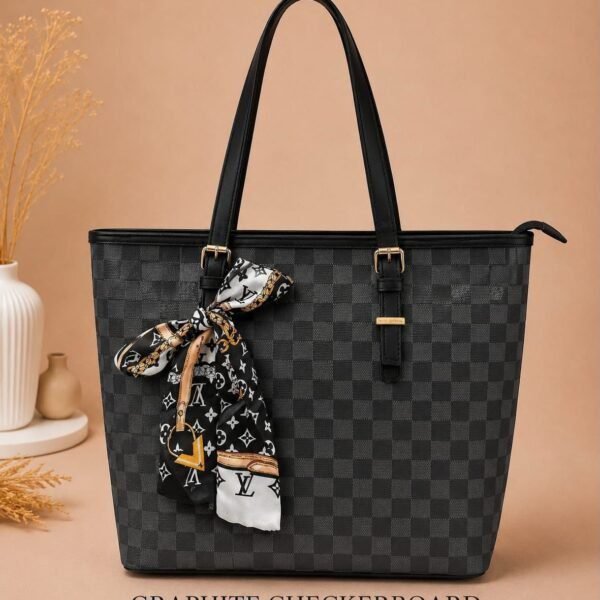Checkerd Pattern Tote Bag With Scarf Accessory
