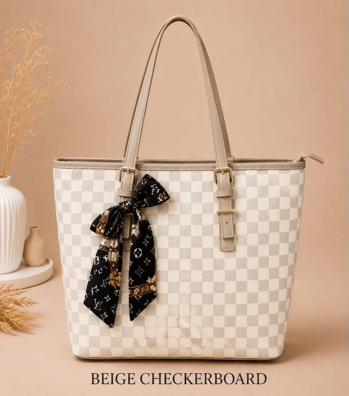 Checkerd Pattern Tote Bag With Scarf Accessory Checkerd Pattern Tote Bag With Scarf Accessory