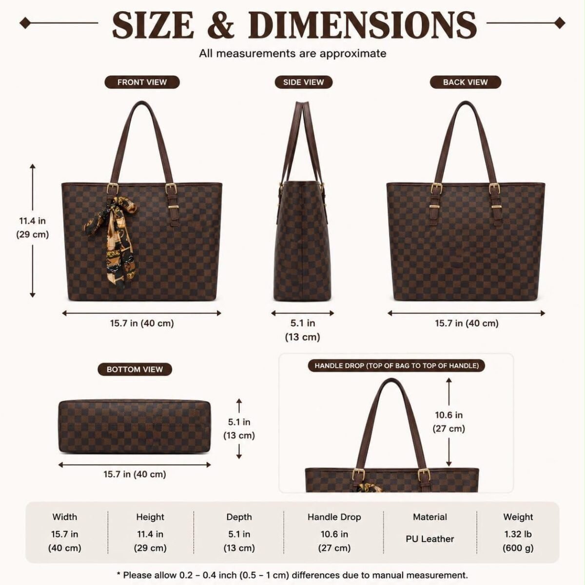 Checkerd Pattern Tote Bag With Scarf Accessory