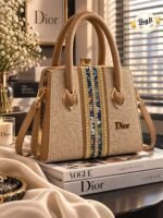 Embroidered Trim Structured Handle Bag With Detachable Strap