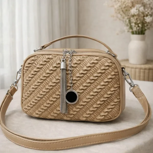 Woven Ruched Crossbody Bag With Metallic Tassel Charm And Dual Handles