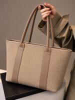 Minimalist Textured Woven Shoulder Tote Bag with Leather Trim - Image 6
