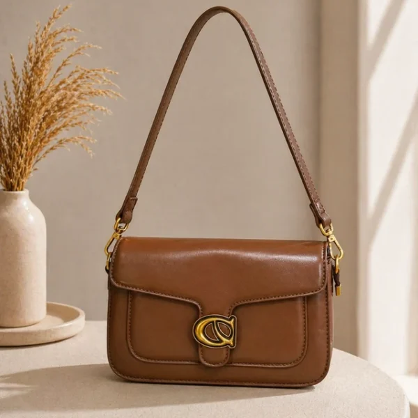 Leather Flap Shoulder Bag with Metallic Accent Clasp