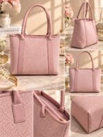 Minimalist Textured Woven Shoulder Tote Bag with Leather Trim - Image 10