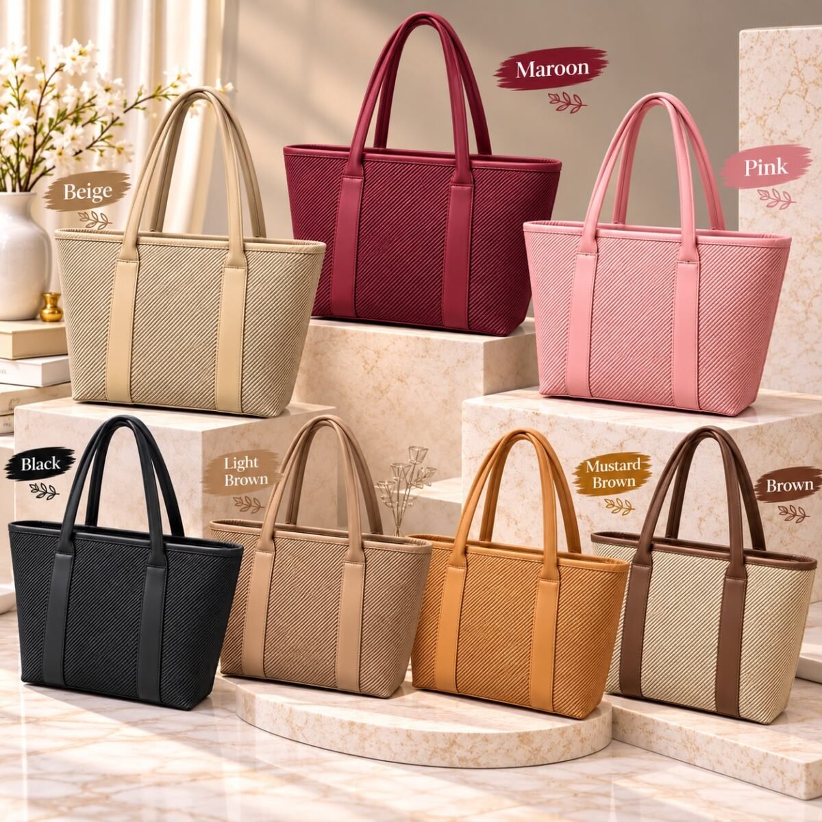 Minimalist Textured Woven Shoulder Tote Bag with Leather Trim - Image 8