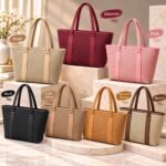 Minimalist Textured Woven Shoulder Tote Bag with Leather Trim - Image 8