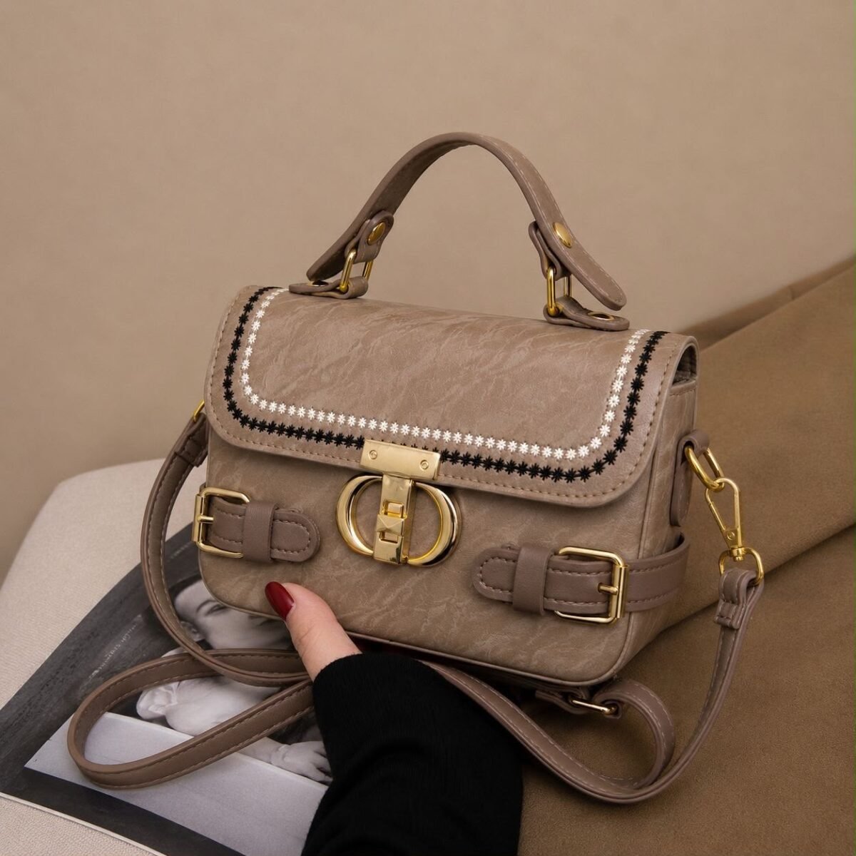 Embroidered Flap Satchel Crossbody Bag - Image 4