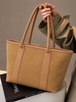 Minimalist Textured Woven Shoulder Tote Bag with Leather Trim