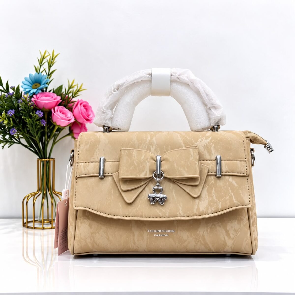 Marble Textured Crossbody Bag with Bow & Clover Charm Accent - Image 6