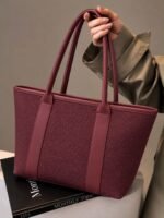 Minimalist Textured Woven Shoulder Tote Bag with Leather Trim - Image 5