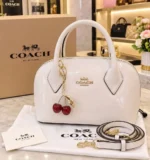 Patent Leather Dome Satchel Handbag With Cherry Charm - Image 4