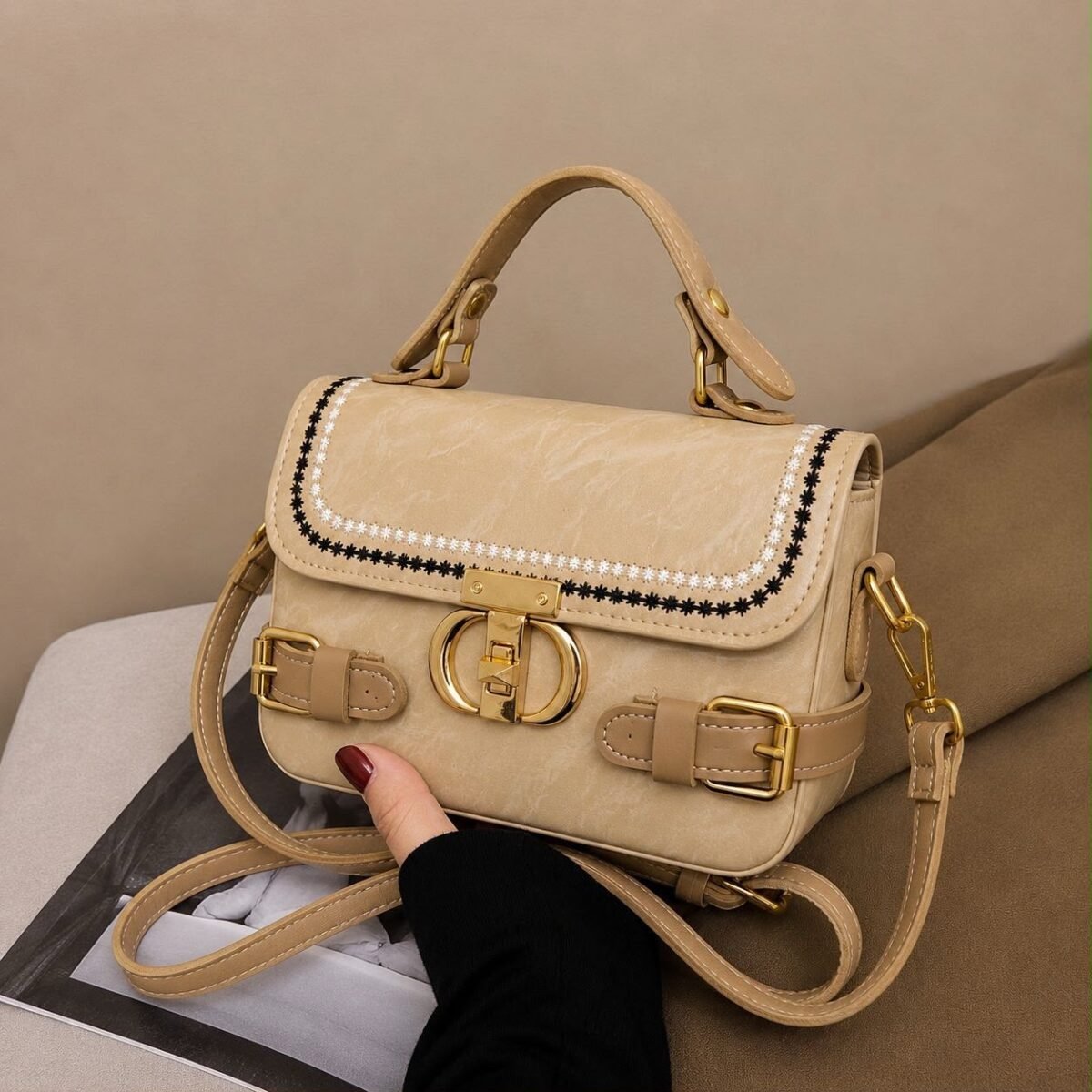 Embroidered Flap Satchel Crossbody Bag - Image 8