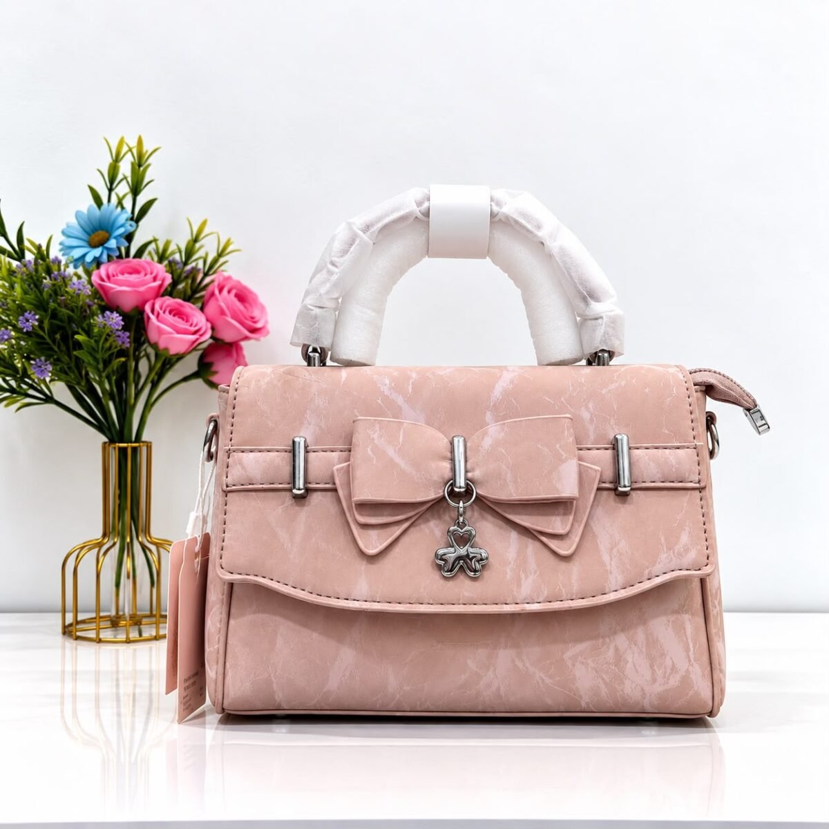 Marble Textured Crossbody Bag with Bow & Clover Charm Accent - Image 5