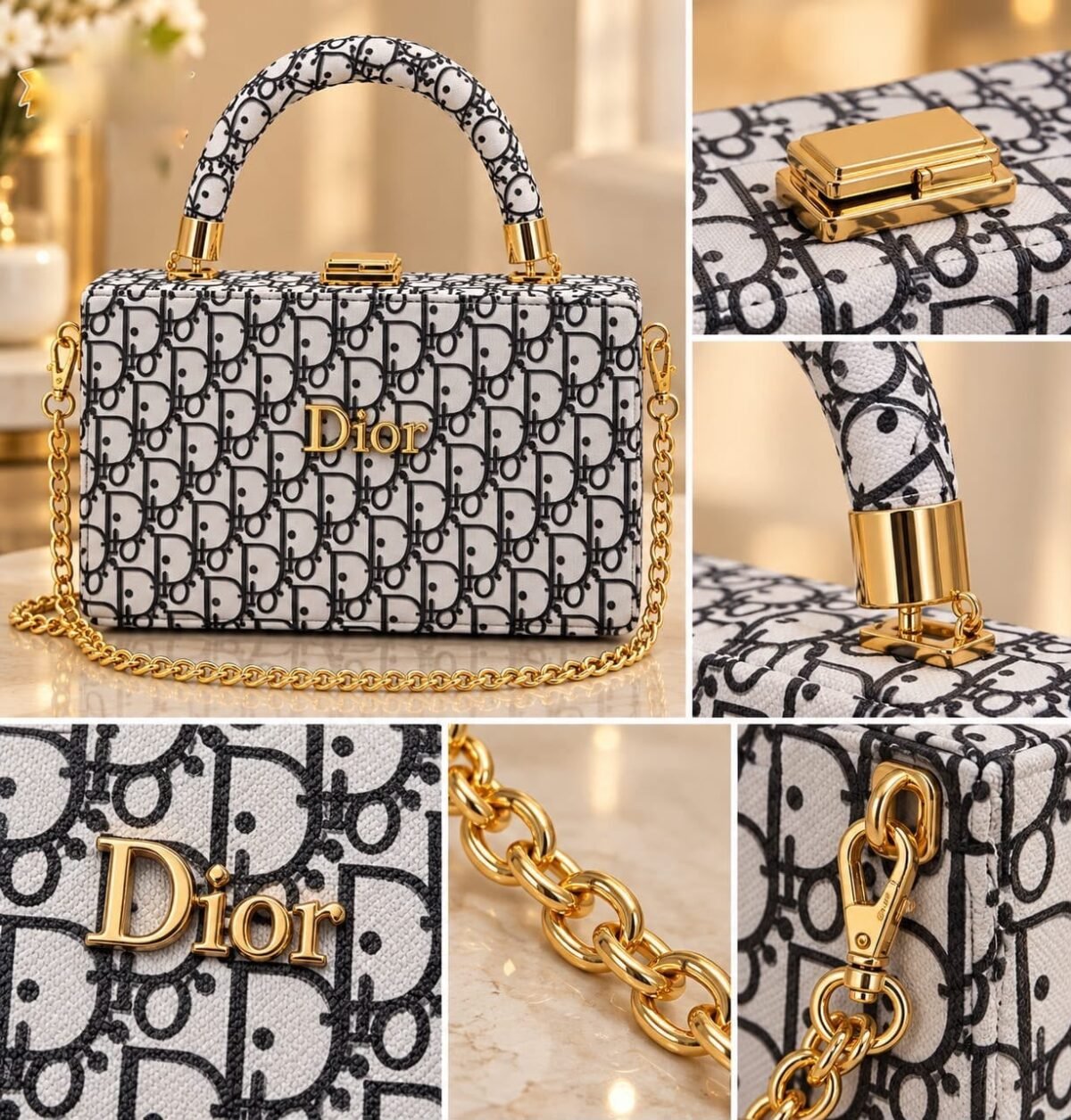 Box Clutch Handbag with Top Handle & Gold Chain Strap - Image 9