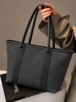 Minimalist Textured Woven Shoulder Tote Bag with Leather Trim - Image 7