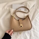 Chic Curved Crescent Shoulder Bag with Gold-Tone Lock Clasp - Image 5