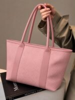 Minimalist Textured Woven Shoulder Tote Bag with Leather Trim - Image 2