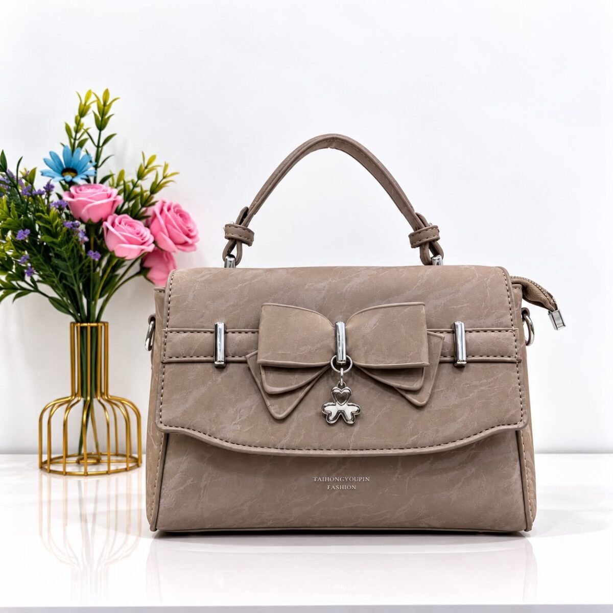 Marble Textured Crossbody Bag with Bow & Clover Charm Accent - Image 4