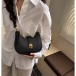 Chic Curved Crescent Shoulder Bag with Gold-Tone Lock Clasp - Image 6