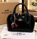 Patent Leather Dome Satchel Handbag With Cherry Charm - Image 5