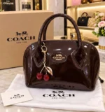 Patent Leather Dome Satchel Handbag With Cherry Charm - Image 3