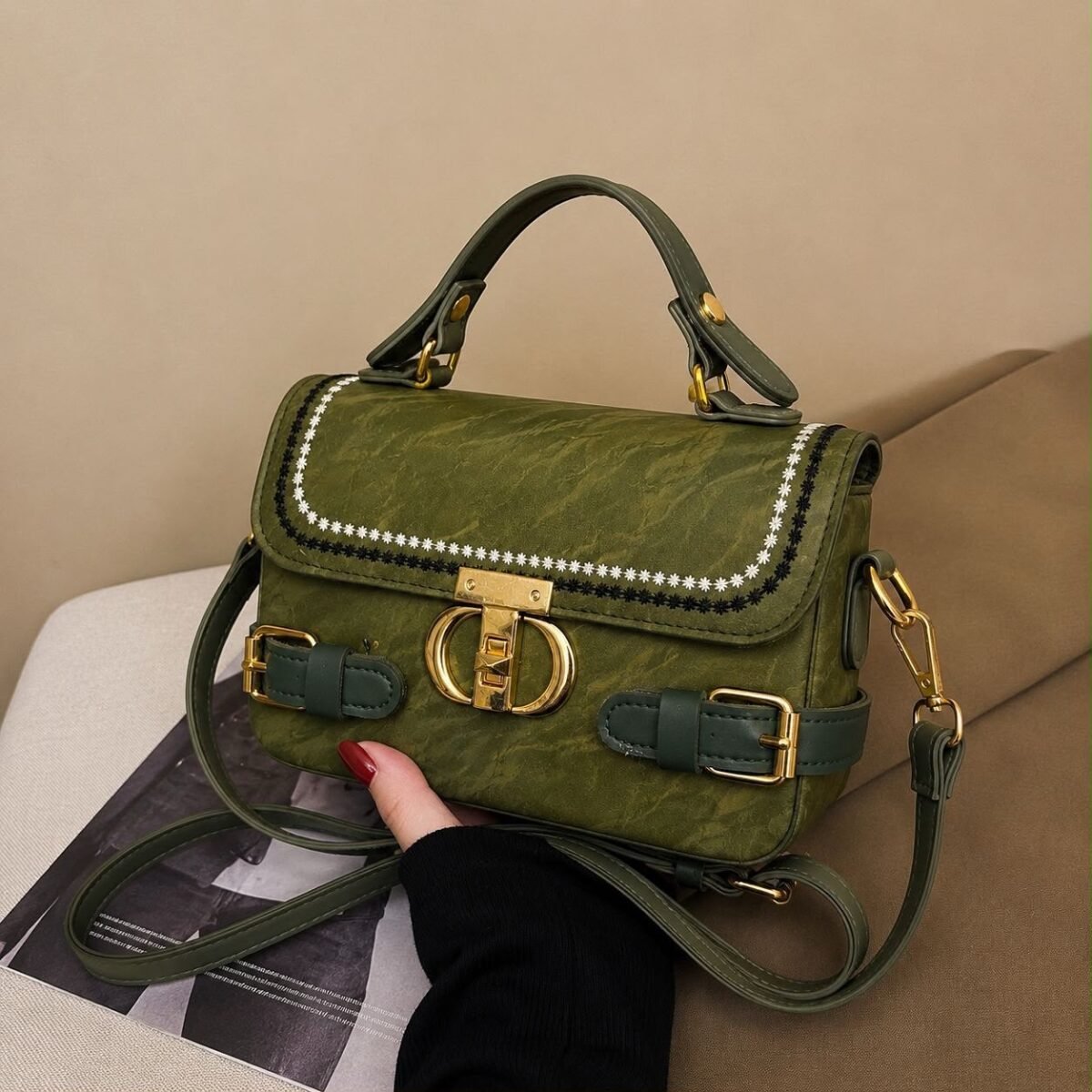 Embroidered Flap Satchel Crossbody Bag - Image 2