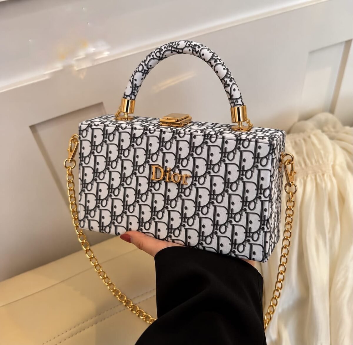 Box Clutch Handbag with Top Handle & Gold Chain Strap - Image 8